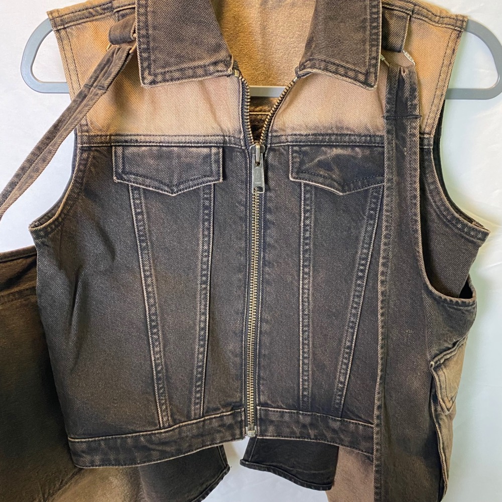 Wrangler Utility Vest Women Sample Brown Tint Black Denim Zip Cargo Grunge - Picture 2 of 10